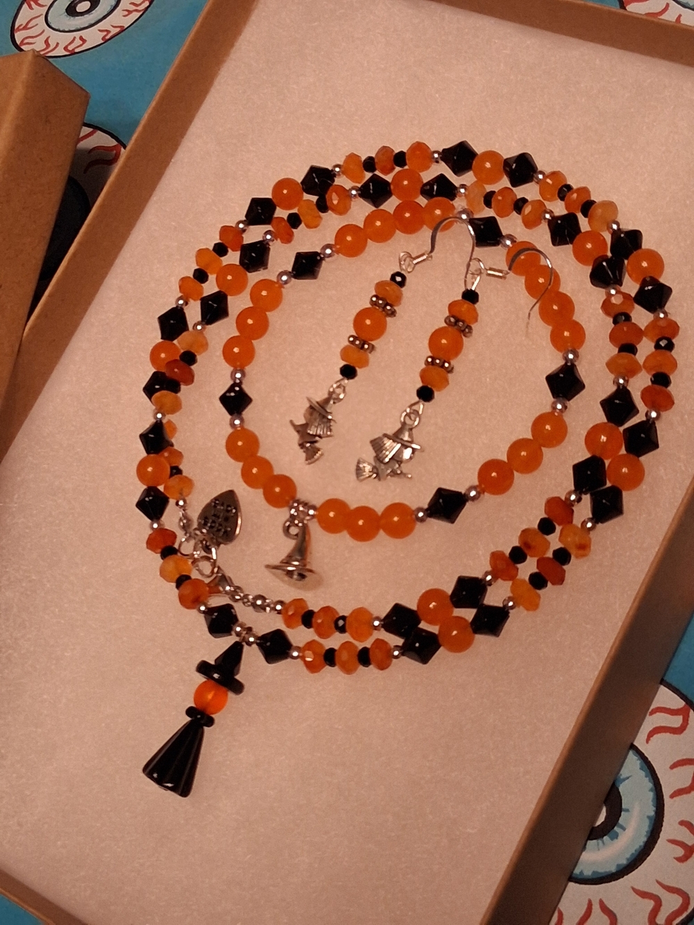 Handcrafted Halloween Witch Orange Carnelian Jewelry Set Orange and Black